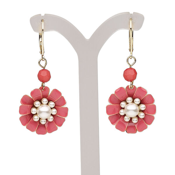 Earring, enamel / acrylic pearl / gold-finished brass / steel, dark pink and white, 48mm with flower and leverback ear wire. Sold per pair. image number 0