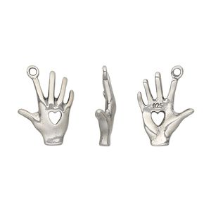 Charm, sterling silver, 17x12mm double-sided hand with cutout of heart. Sold individually.