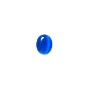 Cabochon, cat's eye glass (fiber optic glass), blue, 10x8mm calibrated oval, quality grade. Sold per pkg of 10.