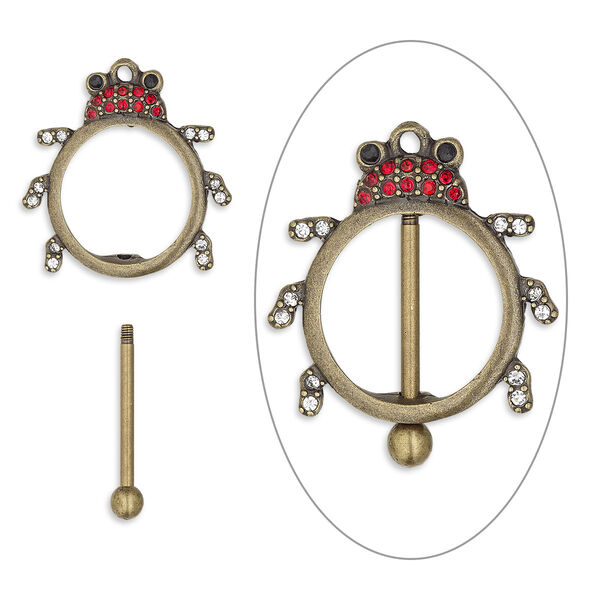Focal, bead pin, glass rhinestone / antique brass-finished brass / "pewter" (zinc-based alloy), clear / red / black, 43x38mm single-sided ladybug with twist-off top, 23.5mm beadable length. Sold individually. image number 0