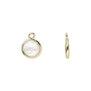 Drop, mother-of-pearl shell and gold-finished brass (assembled), 9.5mm-10.5mm double-sided round. Sold per pkg of 4.
