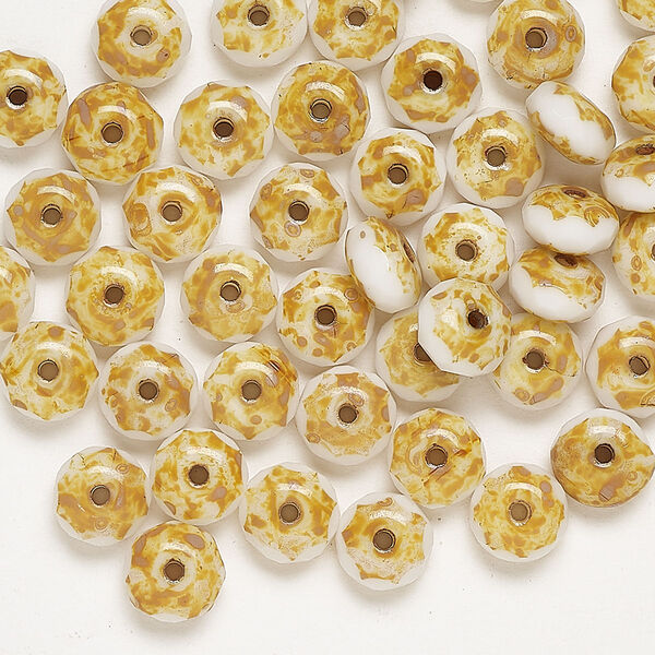 Bead, glass, pkg/50, opaque tan/white/topaz luster, 6x4mm-7x4mm faceted rondelle. image number 0