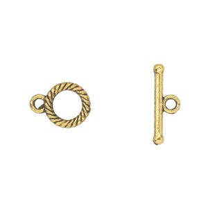 Clasp toggle 1pkg20 "pewter" (zinc alloy), 10mm double-sided round, antique gold-finished 1-strand