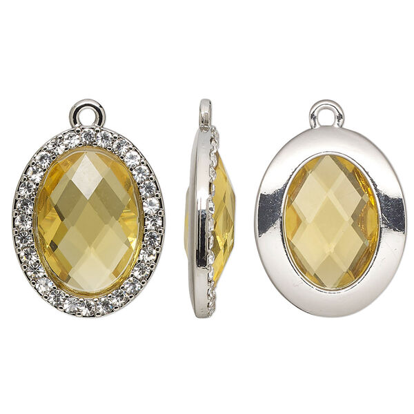 Drop, glass / glass rhinestone / imitation rhodium-finished "pewter" (zinc-based alloy), clear and transparent citrine yellow, 23.5x19mm single-sided oval. Sold per pkg of 2. image number 0
