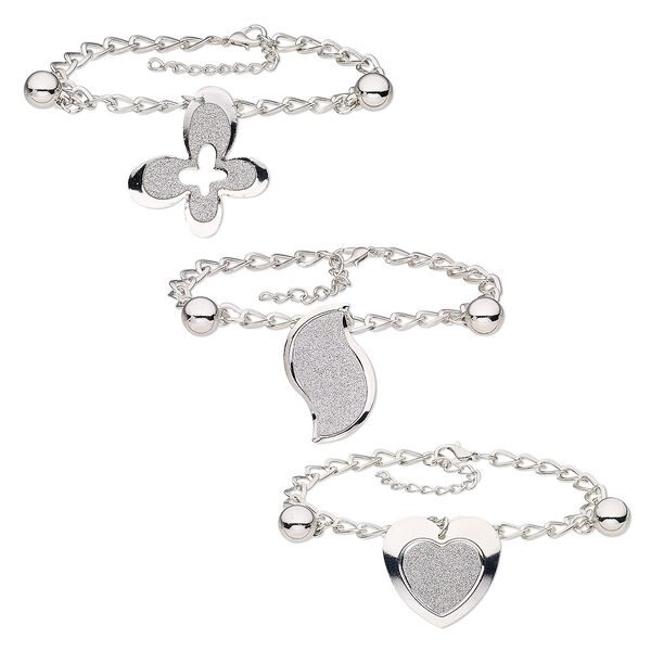 Bracelet, glitter paper / silver-coated plastic / imitation rhodium-plated steel, 30x29mm heart / 36x23mm curve / 36x30mm butterfly, 7-1/2 inches with 2-inch extender chain and lobster claw clasp. Sold per pkg of 3. image number 0