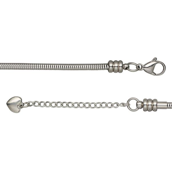 Bracelet, Dione® Easy-On Chain, stainless steel, 3.1mm snake, 6-1/2 inches with 3.8mm threaded ends and 2-inch extender chain with 8x7.5mm heart and lobster claw clasp. Sold individually. image number 0
