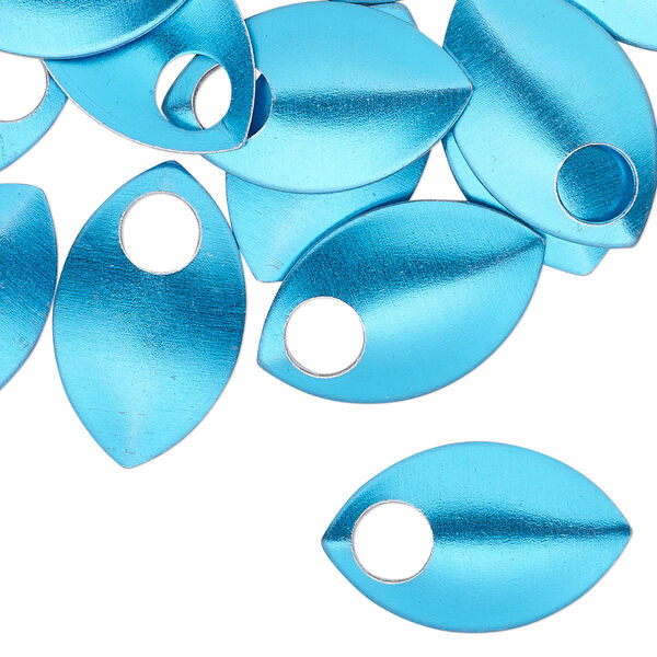 Component, anodized aluminum, light blue, 22x14mm 2-sided curved scale blank with 5mm hole, 20 gauge. Sold per pkg of 20. image number 0