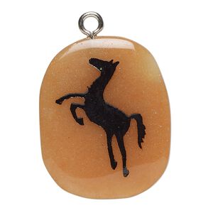 Focal 1pkg1 red aventurine / enamel / steel, 28x24-38x30mm single-sided freeform oval / horse B- grade, natural / silver finish