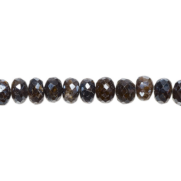 Bead, amber-green tourmaline (coated), dark metallic, 5x3mm-7x5mm hand-cut faceted rondelle with 0.4-1mm hole, C grade, Mohs hardness 7 to 7-1/2. Sold per 8-inch strand. image number 0