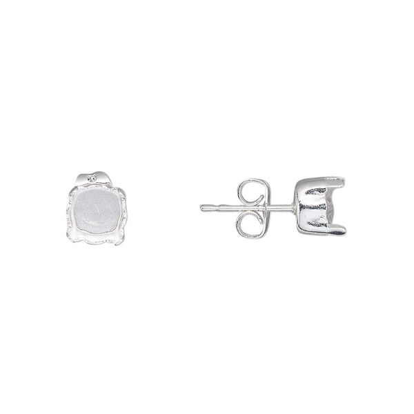Earstud, silver-plated brass and steel, 6mm with post and SS29 4-prong chaton setting, 21 gauge. Sold per pkg of 2 pairs. image number 0