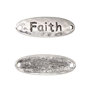 Link, antique silver-finished "pewter" (zinc-based alloy), 29.5x10mm single-sided curved hammered flat oval with "Faith." Sold per pkg of 2.