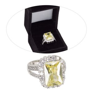 Ring, cubic zirconia and rhodium-finished brass, peridot green and clear, 19mm rounded rectangle with cutout design, size 8. Sold individually.