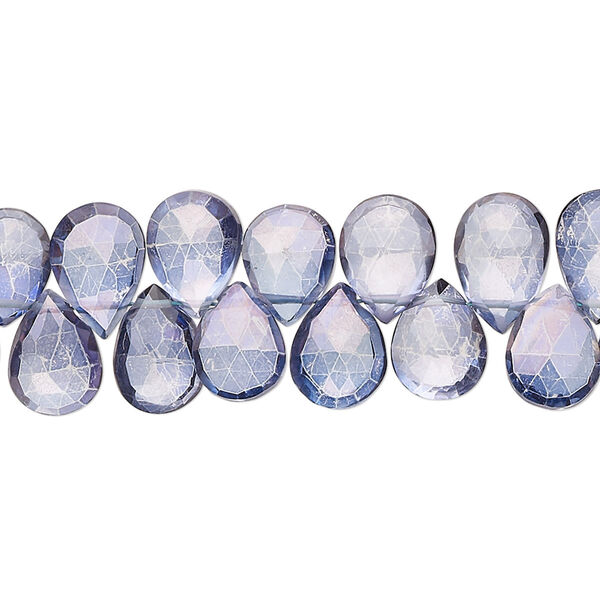 Bead, quartz crystal (coated), blue, 9x7mm-12x8mm hand-cut top-drilled faceted puffed teardrop, B grade, Mohs hardness 7. Sold per 7-inch strand, approximately 50 beads. image number 0