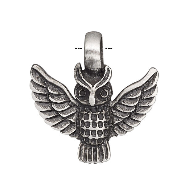 Pendant, antiqued pewter (tin-based alloy), 32x31mm single-sided owl. Sold individually. image number 0