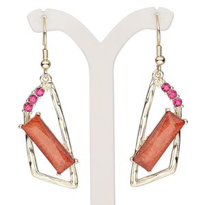 Earring, resin / glass rhinestone / gold-finished brass / "pewter" (zinc-based alloy), fuchsia and red, 2-1/2 inches with trapezoid and fishhook ear wire. Sold per pair.