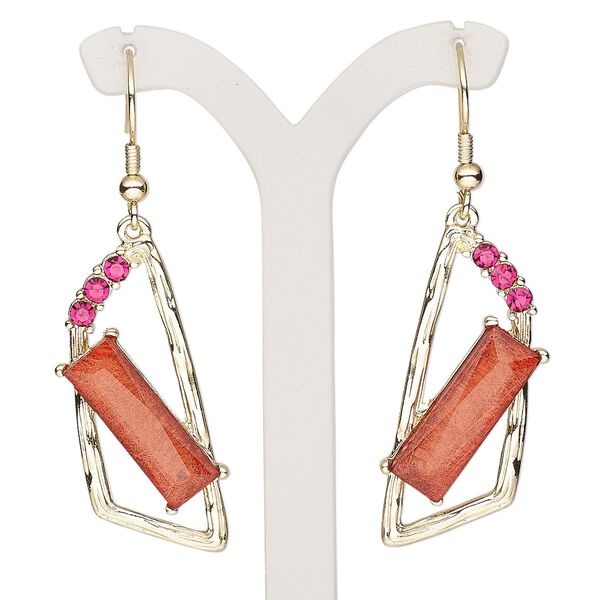 Earring, resin / glass rhinestone / gold-finished brass / "pewter" (zinc-based alloy), fuchsia and red, 2-1/2 inches with trapezoid and fishhook ear wire. Sold per pair. image number 0