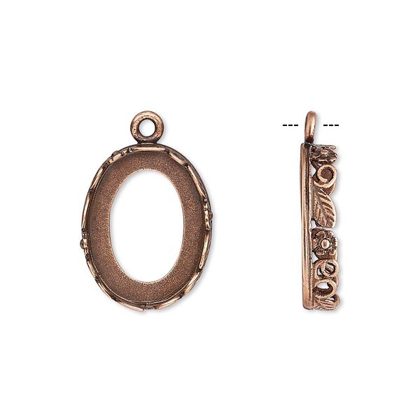 Drop, JBB Findings, antique copper-plated brass, 17x14mm oval with open back and flower and leaf design trim, 16x12mm oval bezel setting. Sold per pkg of 2. image number 0