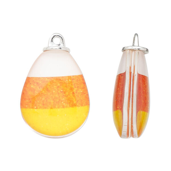 Drop, acrylic and imitation rhodium finish zinc-based alloy, yellow / orange / white, 24x18mm candy corn teardrop. Sold per pkg of 2. image number 0