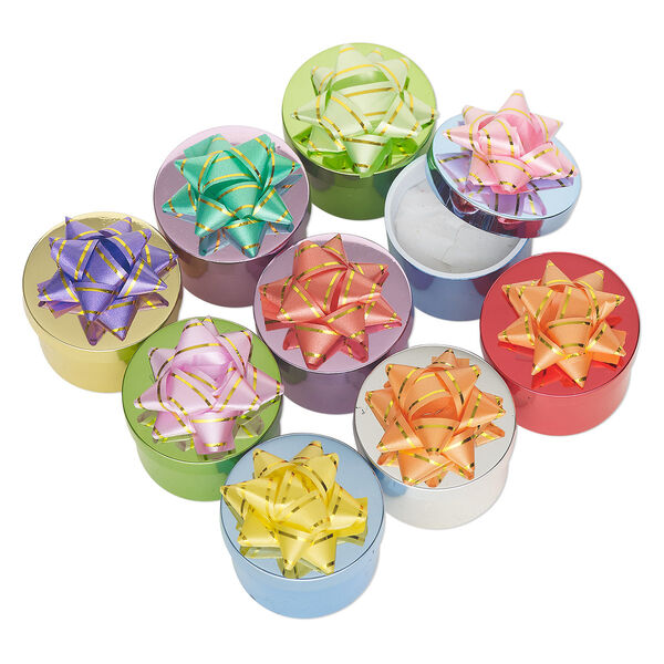 Gift box, ring, paper / plastic / nylon, mixed colors, 1-3/4 x 1-3/4 x 1-3/4 inch round with ribbon and white velveteen insert. Sold per pkg of 9. image number 0
