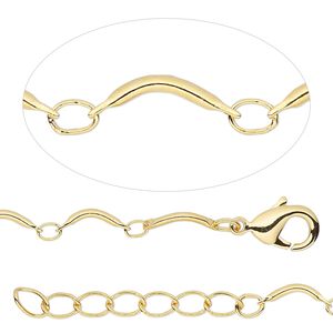 Chain, gold-finished brass, 0.5mm curved bar and link, 18 inches with lobster claw clasp and 1-1/4 inch extender chain. Sold individually.