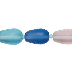 Bead, glass, translucent matte pink / blue / teal blue, 14x10mm teardrop. Sold per 8-inch strand, approximately 12 beads.