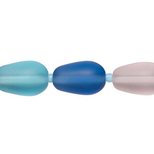 Bead, glass, translucent matte pink / blue / teal blue, 14x10mm teardrop. Sold per 8-inch strand, approximately 12 beads. image number 0