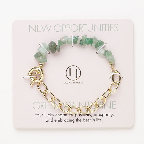 Bracelet, steel / brass / green aventurine (natural), pkg/1, 6 inches with springring clasp, gold finish. image number 0