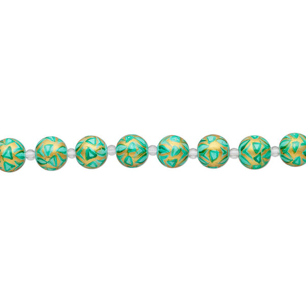 Bead, glass 1pkg8, gold and teal green, 14mm hand-painted round. image number 1