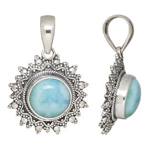Pendant, larimar (natural) and antiqued sterling silver, 24mm fancy beaded round with 12mm round. Sold individually.