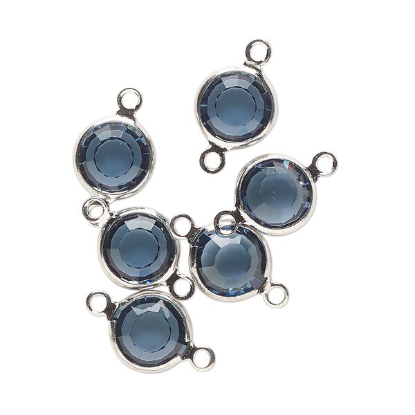 Link, Vintage Crystal™, crystal and imitation rhodium-finished brass, denim blue, 9mm round. Sold per pkg of 6. image number 0