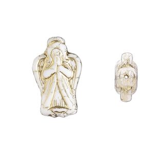 Bead, Preciosa, Czech pressed glass, opaque white, antique gold, 23x13mm angel. Sold per pkg of 5.