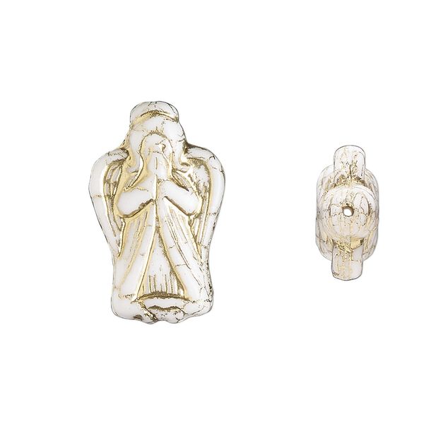 Bead, Preciosa, Czech pressed glass, opaque white, antique gold, 23x13mm angel. Sold per pkg of 5. image number 0
