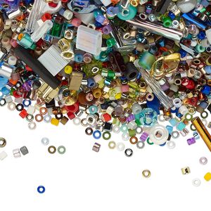 Seed bead mix, glass, pkg/100g, 15/0 to 12x2mm mixed shapes, mixed colors.