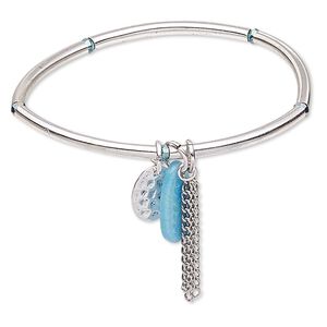 Bracelet, stretch, glass / resin / silver-finished steel / "pewter" (zinc-based alloy), blue and green, 3mm wide with 1-1/4 inch dangle and oval, 6-1/2 inches. Sold individually.