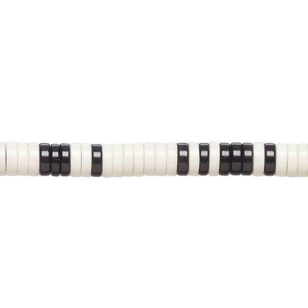Bead, porcelain, opaque shiny black and white, 4.5x1.5mm heishi. Sold per 8-inch strand, approximately 120 to 150 beads. image number 0
