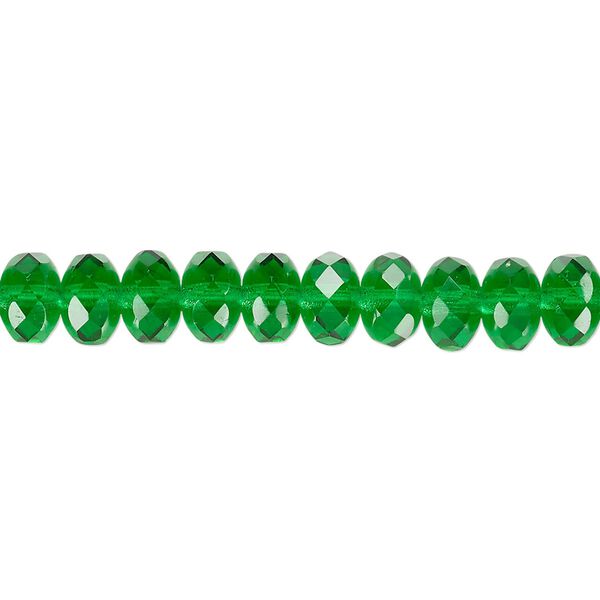 Bead, Czech fire-polished glass, emerald green, 7x5mm faceted rondelle. Sold per 15-1/2" to 16" strand. image number 0