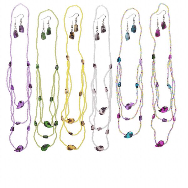 Necklace and earring mix, stretch, acrylic and imitation rhodium-finished steel, spring colors, medium nugget, 14-inch continuous loop, 1-1/4 inch earrings with fishhook ear wire. Sold per pkg of 12 sets. image number 0