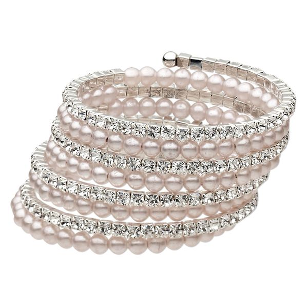 Bracelet, glass / steel memory wire / silver-finished steel, clear and white, 40mm wide coil, 7 inches. Sold individually. image number 0