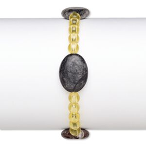 Bracelet, stretch, multi-marble (natural) and acrylic, yellow, 5mm round and 20x15mm puffed oval, 6-1/2 inches. Sold individually.