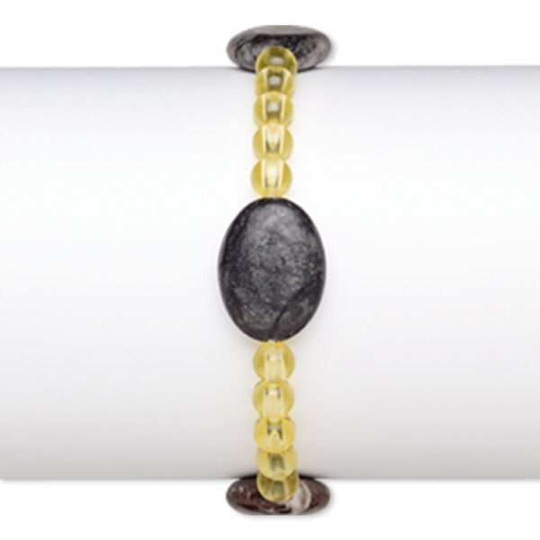 Bracelet, stretch, multi-marble (natural) and acrylic, yellow, 5mm round and 20x15mm puffed oval, 6-1/2 inches. Sold individually. image number 0