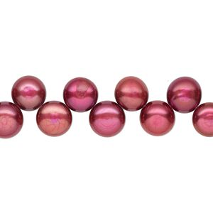 Pearl, cultured freshwater (dyed), magenta, 6-7mm top-drilled flat-sided round with 0.4-0.5mm hole, B- grade, Mohs hardness 2-1/2 to 4. Sold per 14-inch strand.