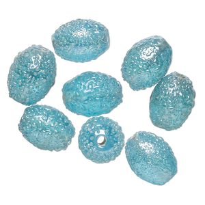 Bead, lampworked glass, translucent sky blue AB, 15x12mm textured oval. Sold per pkg of 8.