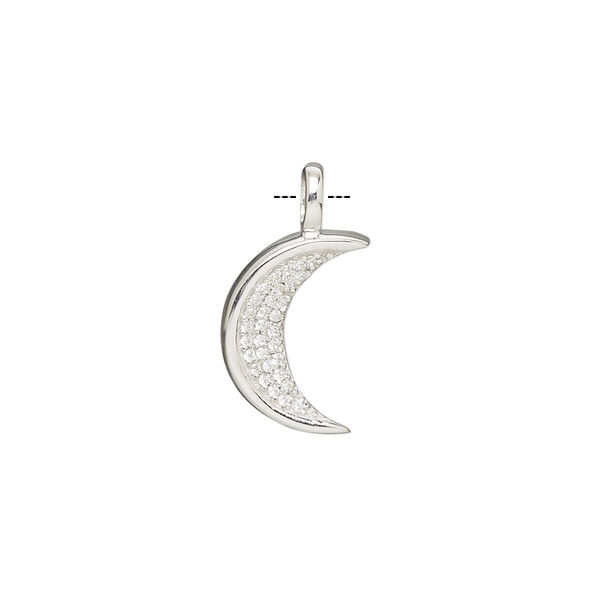Pendant, cubic zirconia and rhodium-plated sterling silver, clear, 19x10mm single-sided moon. Sold individually. image number 0