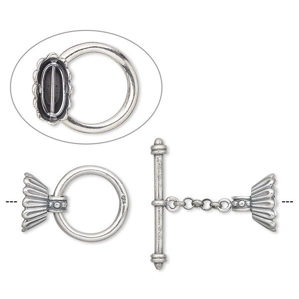 Clasp, JBB Findings, multi-strand toggle, antiqued sterling silver, 49mm long with 32mm bar and end caps with 8mm bar inside for stringing. Sold individually. image number 0