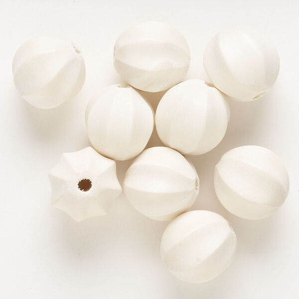 Bead, wood (bleached), white, 20-22mm corrugated round. Sold per pkg of 9. image number 0