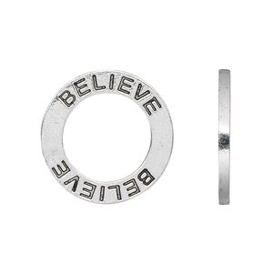 Charm, antique silver-plated pewter (tin-based alloy), 22x2mm double-sided affirmation round "BELIEVE." Sold per pkg of 2.