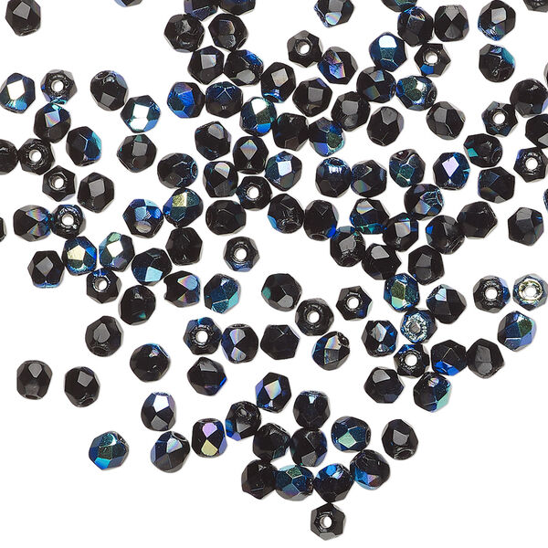 Bead, Czech fire-polished glass 1pkg120, opaque jet black AB, 3mm faceted round. image number 0