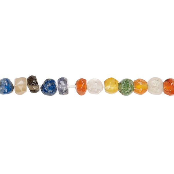 Bead, multi-gemstone and glass (natural / dyed / heated / irradiated / man-made), 3x1mm-5x4mm hand-cut faceted mixed shapes with 0.4-1.4mm hole, C- grade, Mohs hardness 3 to 7. Sold per 12-inch strand. image number 0