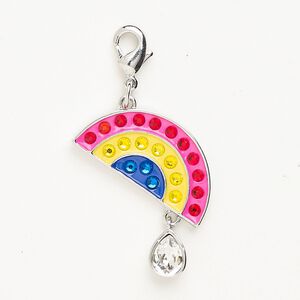 Charm "pewter" (zinc-based alloy) / glass / enamel 1pkg1 28x19mm rainbow teardrop antique silver finish / multicolored lobster claw clasp