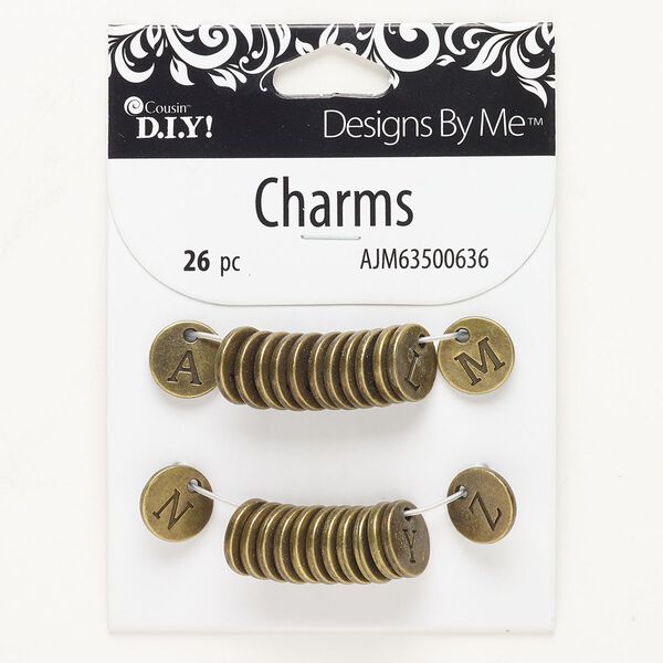 Drop assortment, "pewter" (zinc-based alloy), pkg/26, antique brass finish, 12mm double-sided round with alphabet letter. image number 0